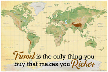 Travel Is the Only Thing You Buy That Makes You Richer Map Travel World Map Posters for Wall Map Wall Decor Geographical Illustration Tourist Travel Destinations Cool Wall Decor Art Print Poster 36x24