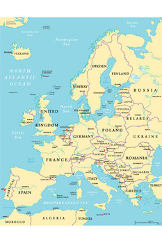 Laminated Political Map of Europe Travel World Map with Cities in Detail Map Posters for Wall Map Art Wall Decor Geographical Illustration Tourist Travel Destinations Poster Dry Erase Sign 16x24
