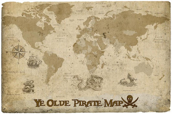 Laminated Ye Olde Pirate Map by ProMaps Travel World Map with Cities in Detail Map Posters for Wall Map Art Wall Decor Geographical Illustration Pirate Travel Destinations Poster Dry Erase Sign 16x24