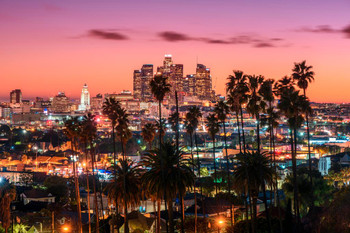 Laminated Los Angeles California Skyline at Sunset Palm Trees LAX SoCal City Orange Sky Photo Beach Landscape Pictures Ocean Scenic Tropical Nature Paradise Poster Dry Erase Sign 24x16