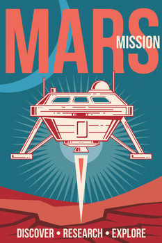 Laminated Spaceship Landing on Mars Vintage Space Travel Poster Dry Erase Sign 16x24