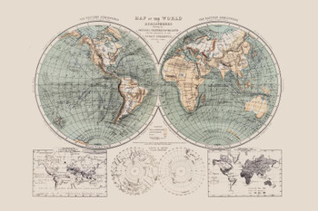 Laminated 1869 World Hemispheres and Natural Features Antique Style Map Poster Dry Erase Sign 24x16