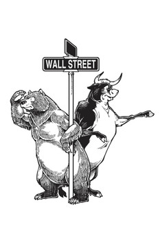 Laminated Bull and Bear Standing Beside Wall Street Sign Poster Dry Erase Sign 16x24