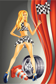 Laminated Sexy Racing Girl Checkered Flag Illustration Poster Dry Erase Sign 16x24
