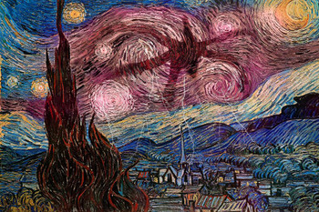 Laminated Spooky Starry Night Van Gogh Painting Parody Horror SciFi Strange Monster Hand Scary Thing Poster Dry Erase Sign 16x24