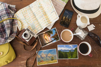 Laminated Travel Montage Coffee Maps Postcards Phone Photo Poster Dry Erase Sign 24x16