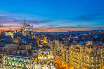 Laminated Gran Va at Dusk Madrid Spain Skyline Illuminated Photo Photograph Poster Dry Erase Sign 24x16