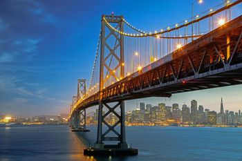 Laminated San Francisco Oakland California Bay Bridge Illuminated at Dusk Photo Photograph Poster Dry Erase Sign 24x16