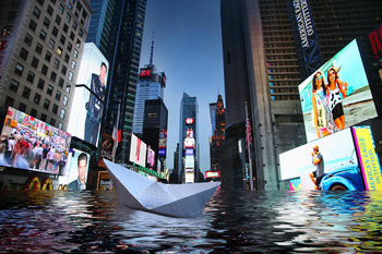 Laminated Paper Boat Floating in a Flooded Times Square New York City NYC Photo Photograph Poster Dry Erase Sign 24x16