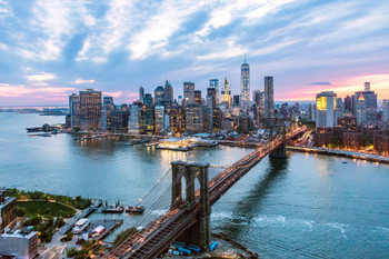 Laminated New York City Manhattan Brooklyn Bridge at Dusk Photo Photograph Poster Dry Erase Sign 24x16