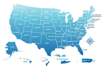 Laminated Map of the United States and Territories USA Classroom Reference Blue Poster Dry Erase Sign 24x16