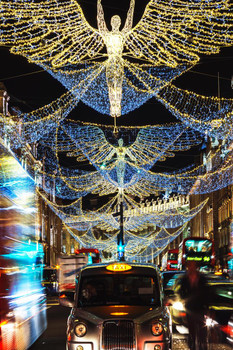 London Taxi Under Christmas Lights at Night Photo Photograph Cool Wall Decor Art Print Poster 16x24