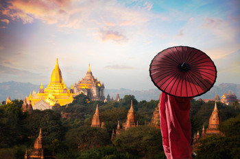Laminated Monk Red Umbrella Temples Bagan Mandalay Myanmar Landscape Photo Poster Dry Erase Sign 24x16