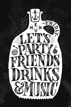 Laminated Lets Party Friends Drinks and Music Vintage Poster Dry Erase Sign 16x24