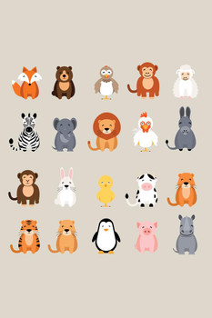 Laminated Cute Animal Set Lion Tiger Monkey Collection Nursery Kids Room Drawing Poster Dry Erase Sign 16x24