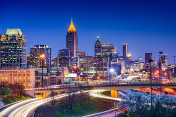Laminated Atlanta Georgia Skyline Cityscape Illuminated At Night Landscape Photo Poster Dry Erase Sign 24x16