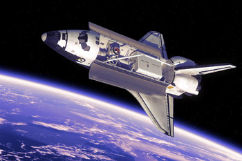 Laminated Space Shuttle In Space Orbiting Earth Bay Doors Open Rendering Photo Poster Dry Erase Sign 24x16