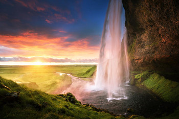 Laminated Seljalandsfoss Waterfall at Sunset Iceland Photo Poster Dry Erase Sign 16x24