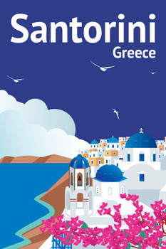 Laminated Santorini Greece Retro Travel Art Poster Dry Erase Sign 16x24
