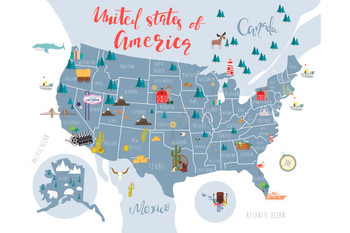 Laminated United States Of America Map With State Symbols US Map with Cities in Detail Map Posters for Wall Map Art Wall Decor Country Illustration Tourist Destinations Poster Dry Erase Sign 24x16