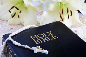 Laminated A Rosary on a Bible with Easter Lilies Photo Photograph Poster Dry Erase Sign 24x16