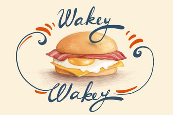 Laminated Wakey Wakey Breakfast Egg Sandwich Bacon Cheese Vintage Poster Dry Erase Sign 24x16