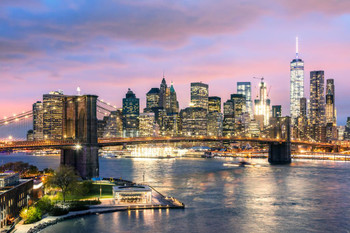 Laminated Brooklyn Bridge and New York City Skyline at Dusk Photo Photograph Poster Dry Erase Sign 24x16