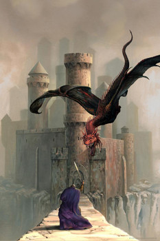 Gates Guardian Castle Wall Flying Red Dragon Slayer by Ciruelo Fantasy Painting Gustavo Cabral Cool Wall Decor Art Print Poster 16x24