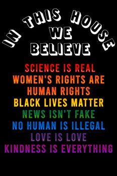 In This House We Believe Science Is Real Women's Rights Are Human Rights Black Lives Matter News Isn't Fake Love Is Love Kindness Is Everything Rainbow Cool Wall Decor Art Print Poster 16x24