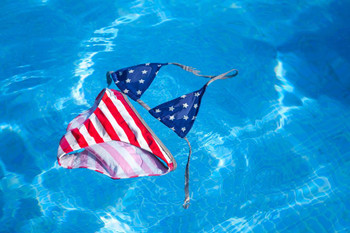 Laminated American Flag Printed Bikini Floating in Pool Photo Photograph Poster Dry Erase Sign 24x16