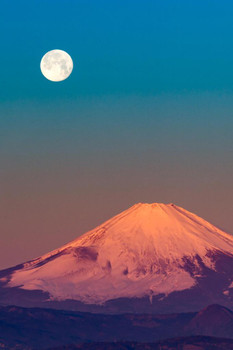 Laminated Red Fuji and Full Moon Honshu Island Japan Photo Photograph Poster Dry Erase Sign 16x24