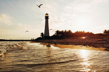Laminated Lighthouse at Key Biscayne Florida at Sunset Photo Photograph Poster Dry Erase Sign 24x16