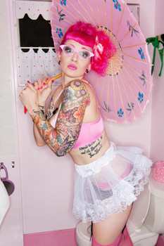Laminated Hot Tattooed Woman Pink Glasses Holding Parasol Photo Photograph Poster Dry Erase Sign 16x24