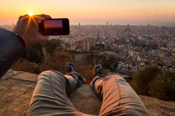 Laminated Man from POV Taking Photos of Barcelona Sunrise Photo Photograph Poster Dry Erase Sign 24x16