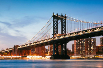 Laminated Manhattan Bridge Illuminated at Dusk New York City NYC Photo Photograph Poster Dry Erase Sign 24x16