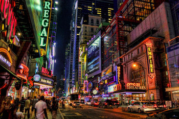 Laminated New York City Times Square Theater District Illuminated at Night Photo Photograph Poster Dry Erase Sign 24x16