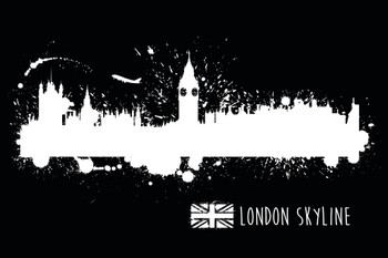 Laminated London England Paint Splat Black and White B&W Skyline Poster Dry Erase Sign 24x16