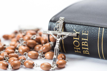 Laminated Black Leather Bound Holy Bible with Rosary Beads Photo Photograph Poster Dry Erase Sign 24x16