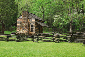 Laminated A Fence and Cabin in Smoky Mountain National Park Photo Photograph Poster Dry Erase Sign 24x16