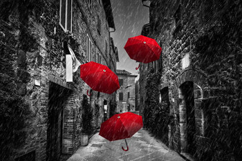 Laminated Umrbellas Flying Wind And Rain Cobblestone Street Tuscany Italy Poster Dry Erase Sign 24x16