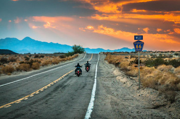 Biker Riding Motorcycle Sunset on Route 66 Photo Photograph Beach Palm Landscape Picture Ocean Scenic Tropical Nature Photography Paradise Highway Cool Wall Decor Art Print Poster 36x24