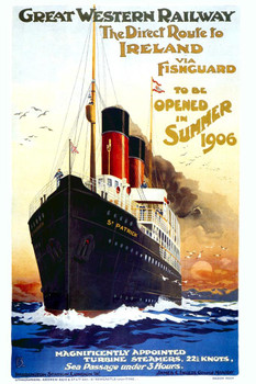 Laminated GWR Great Western Railway Ireland via Fishguard Ocean Liner Cruise Ship Summer 1906 Vintage Illustration Travel Poster Dry Erase Sign 16x24