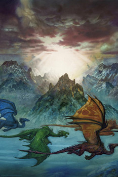 Laminated Mount Drac Dragon Migration Flying Over Mountains by Ciruelo Fantasy Landscape Painting Gustavo Cabral Poster Dry Erase Sign 16x24
