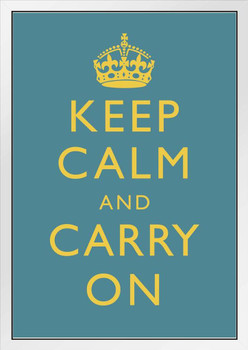Keep Calm Carry On Motivational Inspirational WWII British Morale Medium Blue White Wood Framed Poster 14x20
