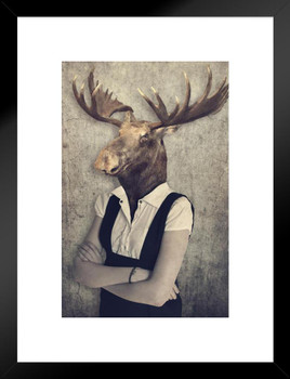 Moose Head Wearing Human Clothes Funny Parody Animal Face Portrait Art Photo Matted Framed Wall Decor Art Print 20x26