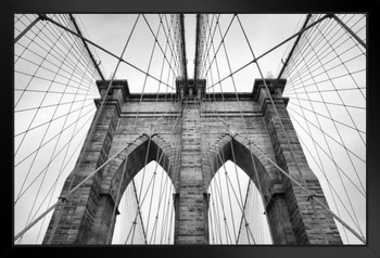 Brooklyn Bridge New York City NYC Stone Tower Cables Architectural Detail BW Photo Black Wood Framed Poster 14x20