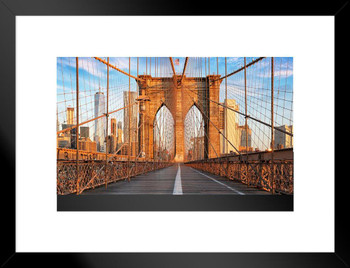 Brooklyn Bridge Sunny Day Facing Downtown New York City Manhattan NYC Landscape Color Photo Matted Framed Wall Decor Art Print 20x26