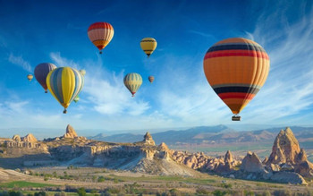 Laminated Hot Air Balloons Flying Soaring Cappadocia Turkey Colorful Landscape Photo Poster Dry Erase Sign 24x36