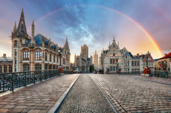 Laminated Beautiful Rainbow Over Old City Of Ghent Belgium Cobblestone Streets Historic Buildings Photo Poster Dry Erase Wall Art 24x36