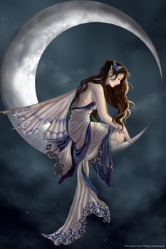 Laminated Memory Fairy Silk Dress On Moon by Nene Thomas Fantasy Poster Magical Night Mystical Poster Dry Erase Sign 16x24